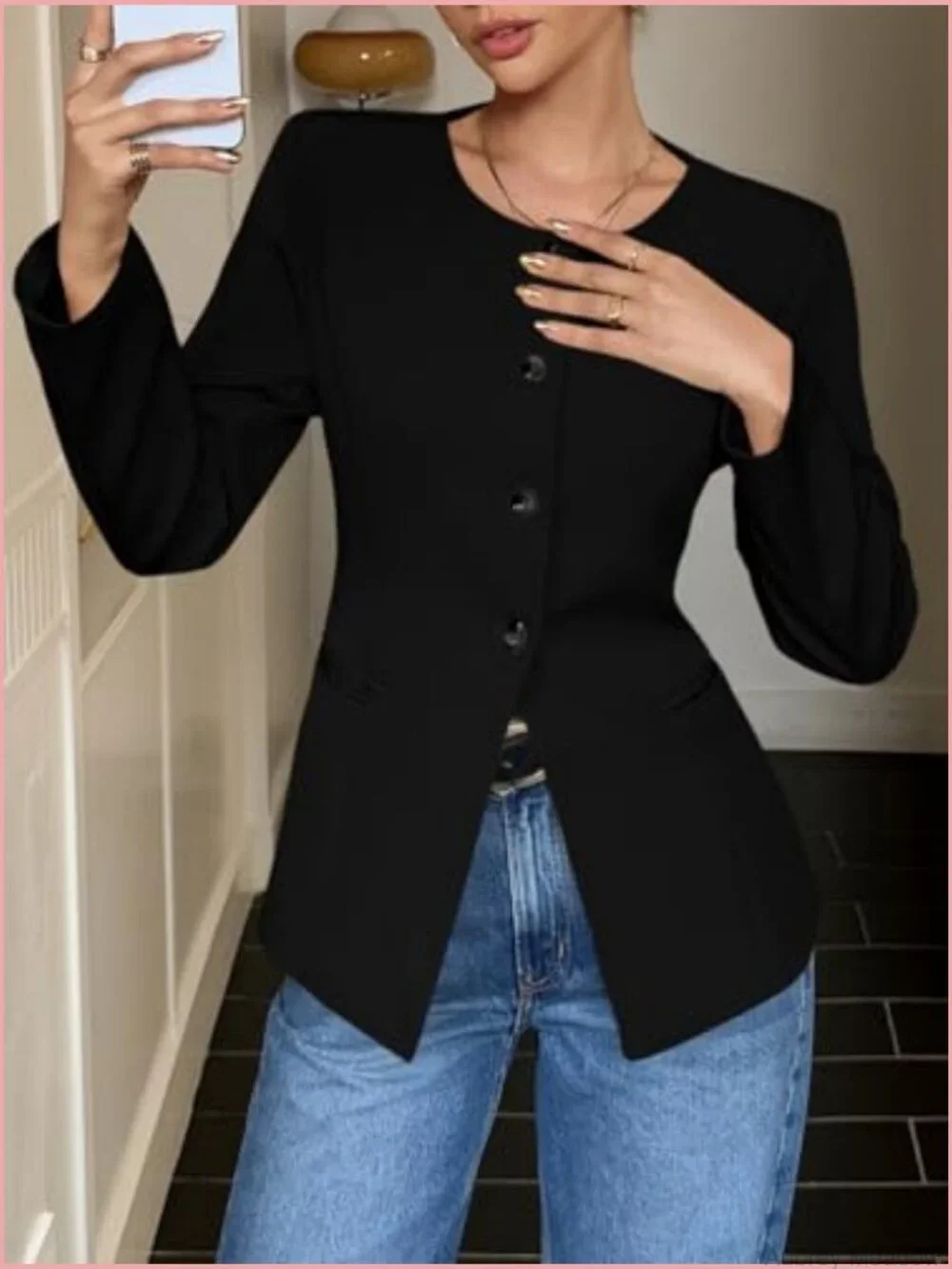 Collarless Split Hem Blazer for Work Office Business Casual Suit Jacket